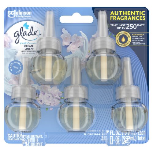 Glade PlugIns Scented Oil Refill Clean Linen, Essential Oil Infused Wall, 3.35 FL OZ, Pack of 5