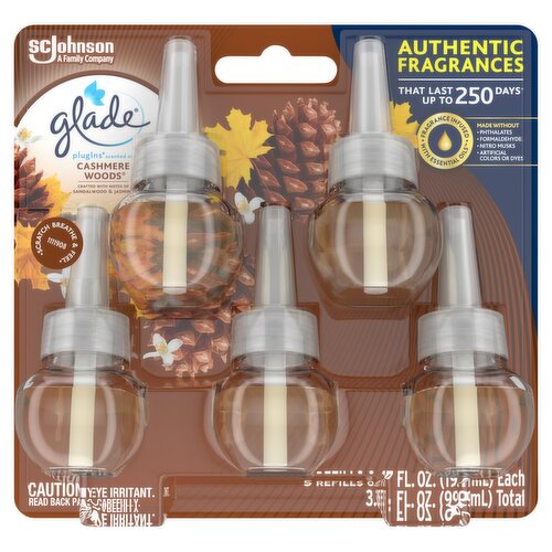 Glade PlugIns Scented Oil Refill Cashmere Woods, Essential Oil Infused Wall, 3.35 FL OZ, Pack of 5