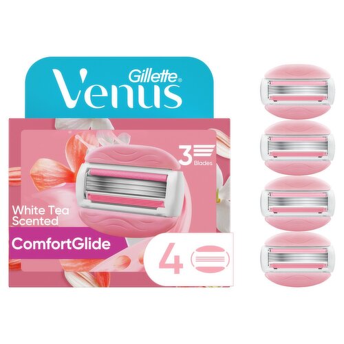 Venus ComfortGlide White Tea Women's Razor Blades, with Built-in Shave Gel Bars, 4 Razor Blade Refi