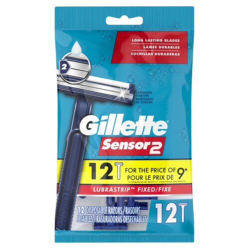 Gillette Sensor2 Fixed Head Men's Disposable Razors, 12 Count