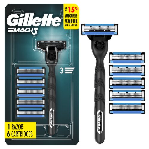 Gillette Mach3 Shaving Razor for Men, 1 Gillette 3-Blade Razor Handle 6 Razor Blade Refills