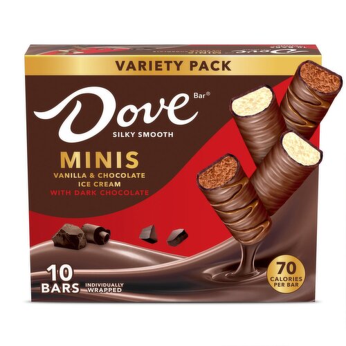Dove Bar Minis Vanilla & Chocolate Ice Cream Bars Variety Pack, 10 count, 7.5 fl oz