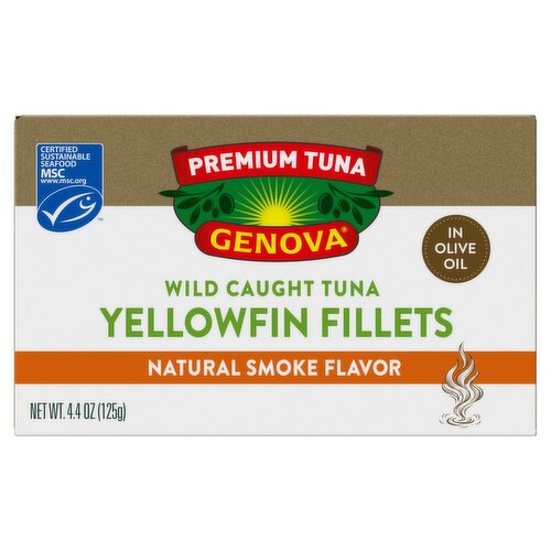 Genova Natural Smoke Flavor Yellowfin Fillets Premium Tuna in Olive Oil, 4.4 oz