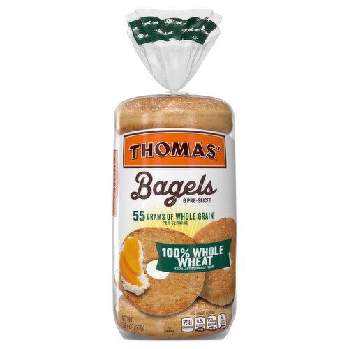 Thomas' 100% Whole Wheat Bagels, 6 count, 1 lb 4 oz