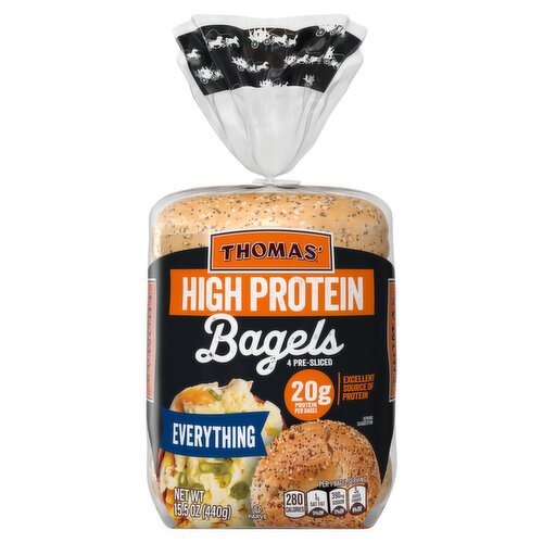 Thomas' High Protein Pre-Sliced Everything Bagels, 4 count, 15.5 oz