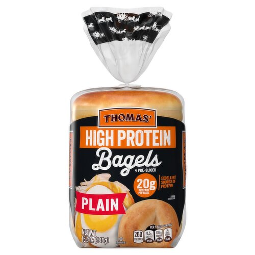 Thomas' High Protein Plain Pre-Sliced Bagels, 4 count, 15.5 oz