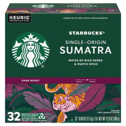 Starbucks Single-Origin Sumatra Dark Roast Ground Coffee K-Cup Pods, 0.40 oz, 32 count