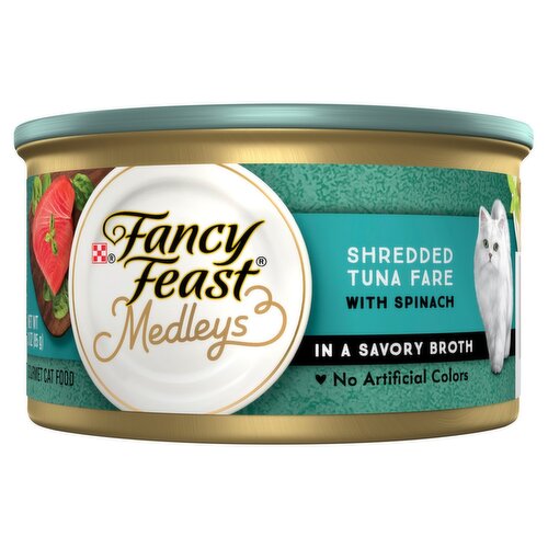 Purina Fancy Feast Medleys Shredded Tuna Fare with Spinach in a Savory Broth Gourmet Cat Food, 3 oz