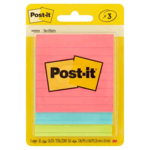 Post-it® Notes, 3 in x 3 in, Cape Town Collection, Lined, 3 Pads/Pack