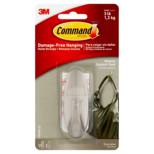 Command™ Medium Designer Hooks, Brushed Nickel, 1 Hook, 2 Strips/Pack