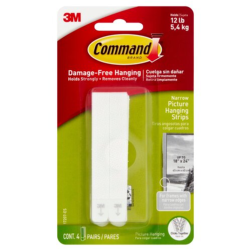 Command™ Narrow Picture Hanging Strips, White, 4 Sets of Strips/Pack