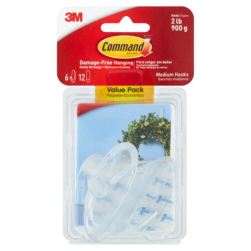 Command™ Clear Medium Hooks, 6 Hooks, 12 Strips/Pack