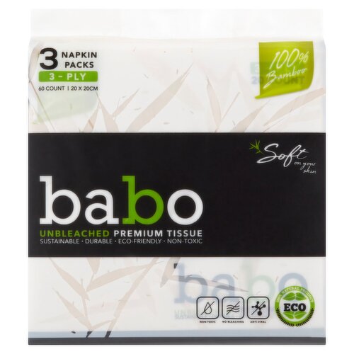 Babo Unbleached 20 x 20 Cm Premium Tissue 3 Ply, 60 count