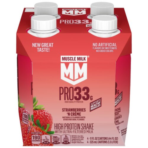 Muscle Milk PRO High Protein Shake with Ultra-Filtered Milk, Strawberries N Creme, 11 Fl Oz, 4 Count