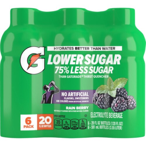 Gatorade Lower Sugar Electrolyte Beverage Rain Berry 20 Fl Oz, 6 Count