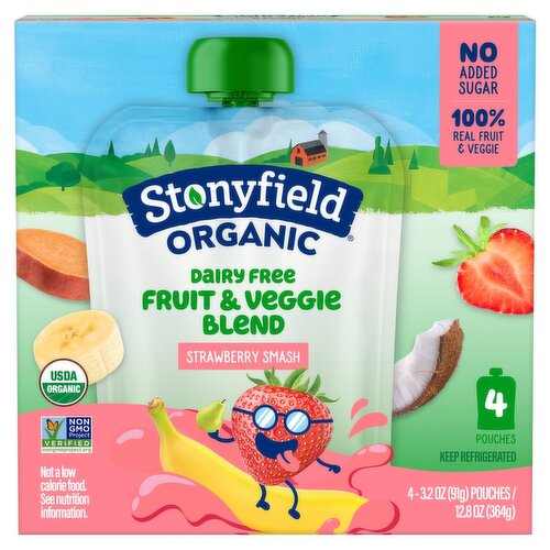 Stonyfield Organic Dairy Free Smoothie Pouches, Strawbanana Smash, 4 Ct