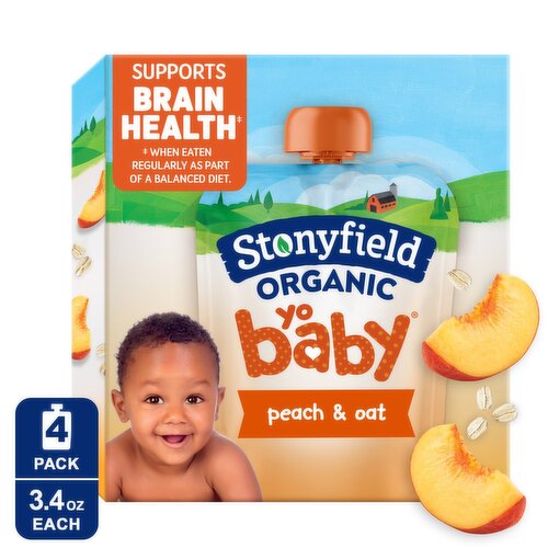 Stonyfield Organic YoBaby Peach & Oat Whole Milk Yogurt, 6+ months, 3.4 oz, 4 count