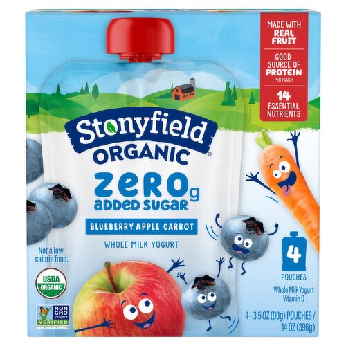 Stonyfield Organic Zero G Added Sugar Blueberry Apple Carrot Whole Milk Yogurt, 3.5 oz, 4 count