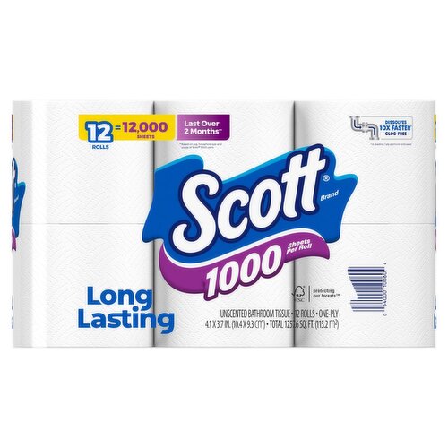 Scott Unscented Bathroom Tissue, 1000 Sheets, 12 count