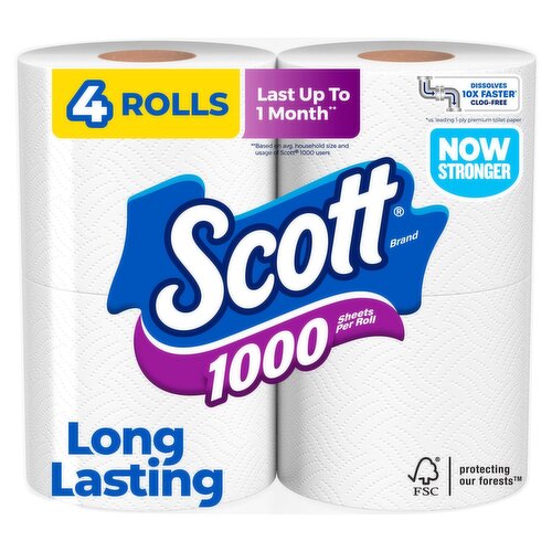 Scott 1000 Long Lasting Unscented Bathroom Tissue, one-ply, 4 count