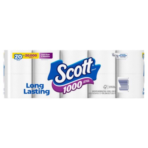 Scott Unscented Bathroom Tissue, 1000 Sheets, 20 count 