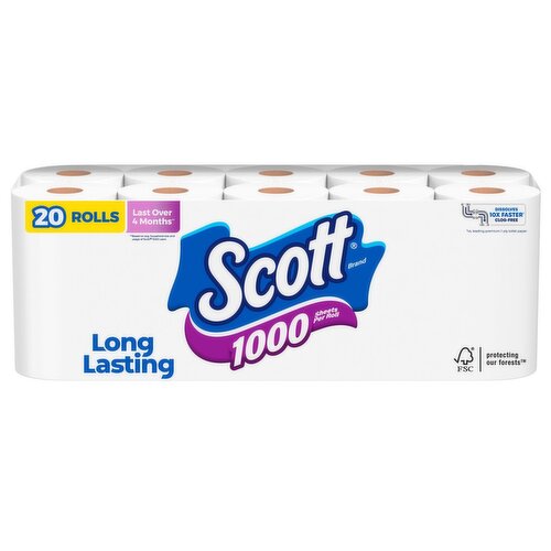 Scott Unscented Bathroom Tissue, 1000 Sheets, 20 count 