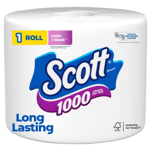 Scott 1000 Long Lasting Unscented Bathroom Tissue, one-ply, 1 count