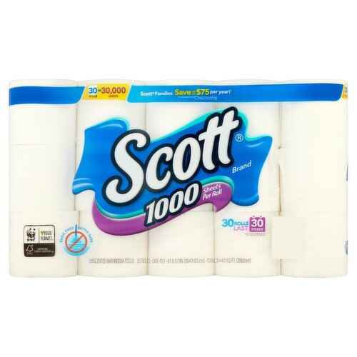 Scott 1000 Unscented Bathroom Tissue, 1000 Sheets, 30 count