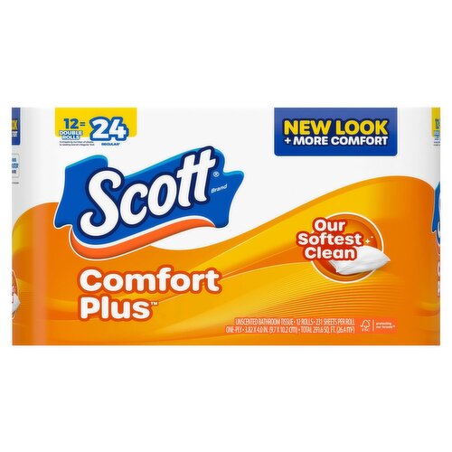 Scott ComfortPlus Unscented Bathroom Tissue, 231 Sheets, 12 count