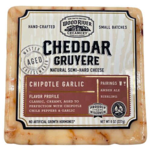 Wood River Creamery Cheddar Gruyere Chipotle Garlic Natural Semi-Hard Cheese, 8 oz