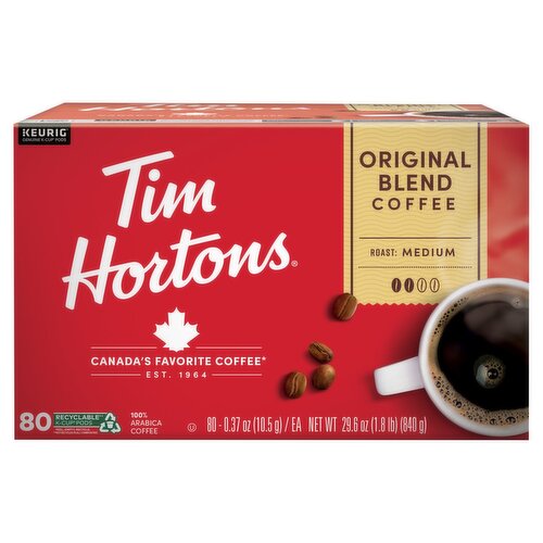 Tim Hortons Original Blend K-Cup Coffee Pods, Medium Roast, Recyclable, 80ct for Keurig Brewers