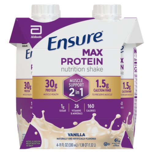 Ensure Max Protein Muscle Support 2 in 1 Vanilla Nutrition Shake, 11 fl oz, 4 Count