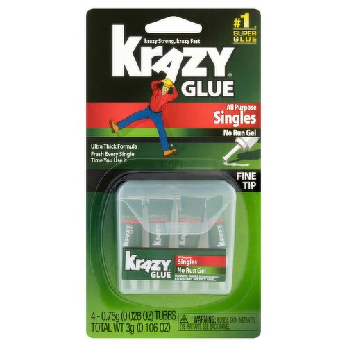 Krazy Glue Singles Tubes All Purpose Glue, 0.026 oz, 4 count