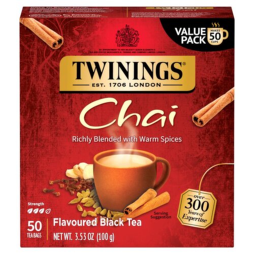 Twinings Chai Flavoured Black Tea Bags Value Pack, 50 count, 3.53 oz