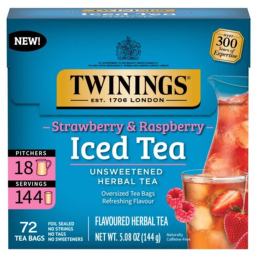 Twinings Strawberry & Raspberry Flavoured Herbal Iced Tea Bags, 72 count, 5.08 oz