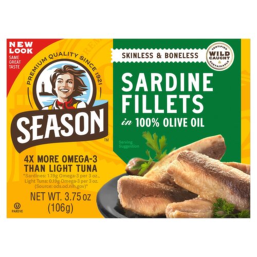 Season Brand Skinless & Boneless Sardines in 100% Olive Oil, 3.75 oz