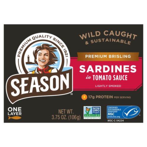 Season Premium Brisling Lightly Smoked Sardines in Tomato Sauce, 3.75 oz