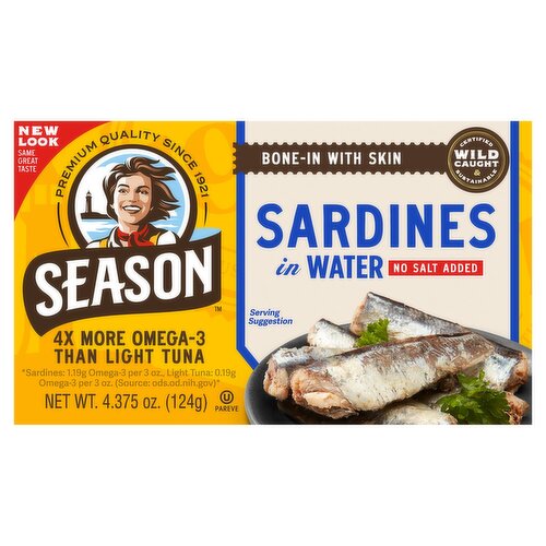 Season Brand No Salt Added Sardines in Water, 4.375 oz