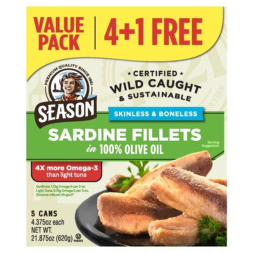 Season Skinless & Boneless Sardine Fillets in 100% Olive Oil Value Pack, 4.375 oz, 5 count