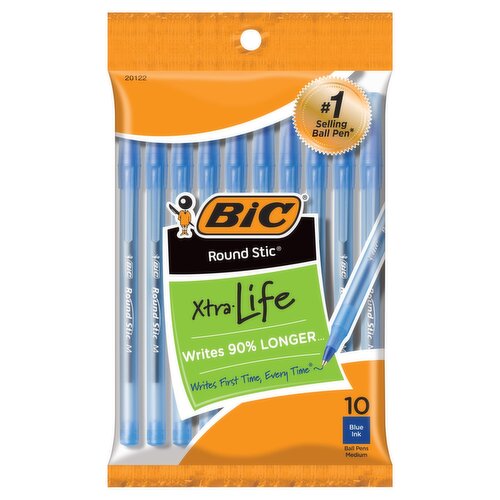 BIC Round Stic Xtra-Life Medium Blue Ink Ball Pens, 10 count