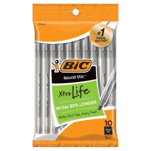 BIC Round Stic Xtra-Life Medium Black Ink Ball Pens, 10 count