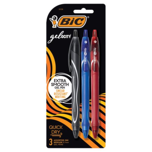 BIC Gelocity Quick Dry Assorted Ink Medium 0.7 mm Gel Pens, 3 count