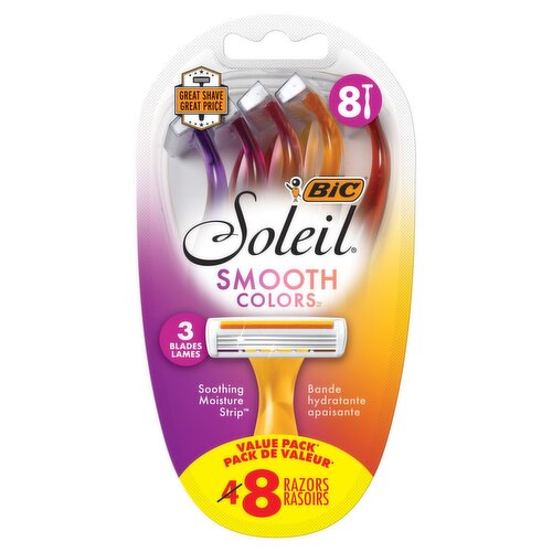 BIC Soleil Smooth Colors 3 Blades Razors Value Pack, 8 count