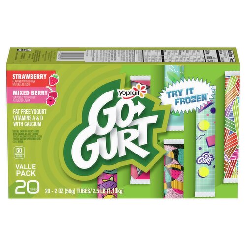 Yoplait Go-Gurt Strawberry and Mixed Berry Fat Free Yogurt Value Pack, 2 oz, 20 count