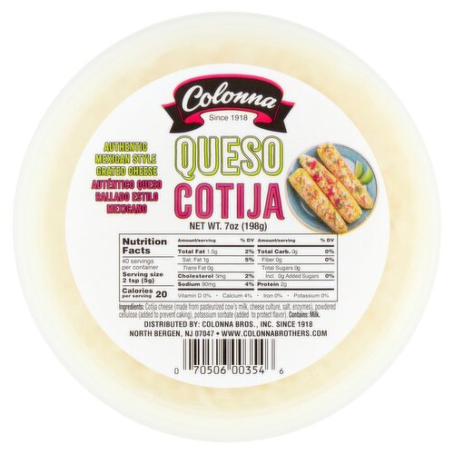 Colonna Queso Cotija Authentic Mexican Style Grated Cheese, 7 oz