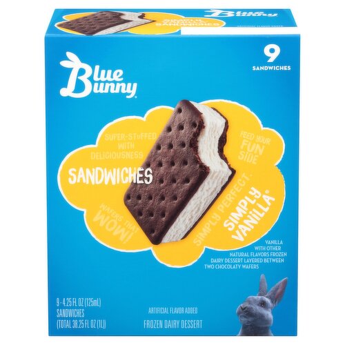 Blue Bunny Simply Vanilla Frozen Dairy Dessert Sandwiches, 4.25 fl oz, 9 count