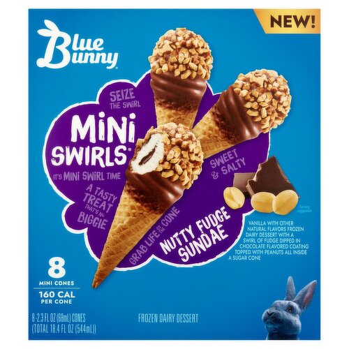 Blue Bunny Mini Swirls Nutty Fudge Sundae Frozen Dairy Dessert, 2.3 fl oz, 8 count