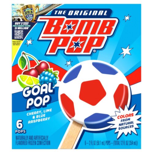 Bomb Pop The Original Goal Pop Cherry, Lime & Blue Raspberry Pops, 2 fl oz, 6 count