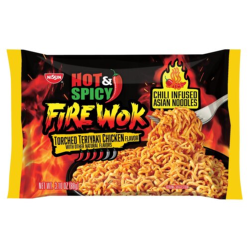 Nissin Hot & Spicy Fire Wok Torched Teriyaki Chicken Flavor Chili Infused Asian Noodles, 3.10 oz