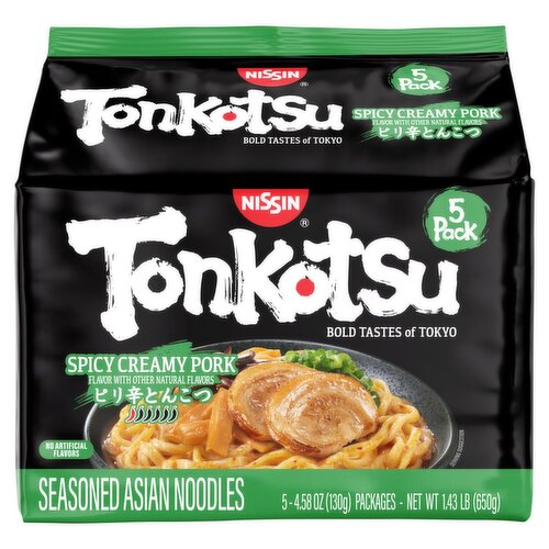 Nissin Tonkotsu Spicy Creamy Pork Seasoned Asian Noodles, 4.58 oz, 5 count
